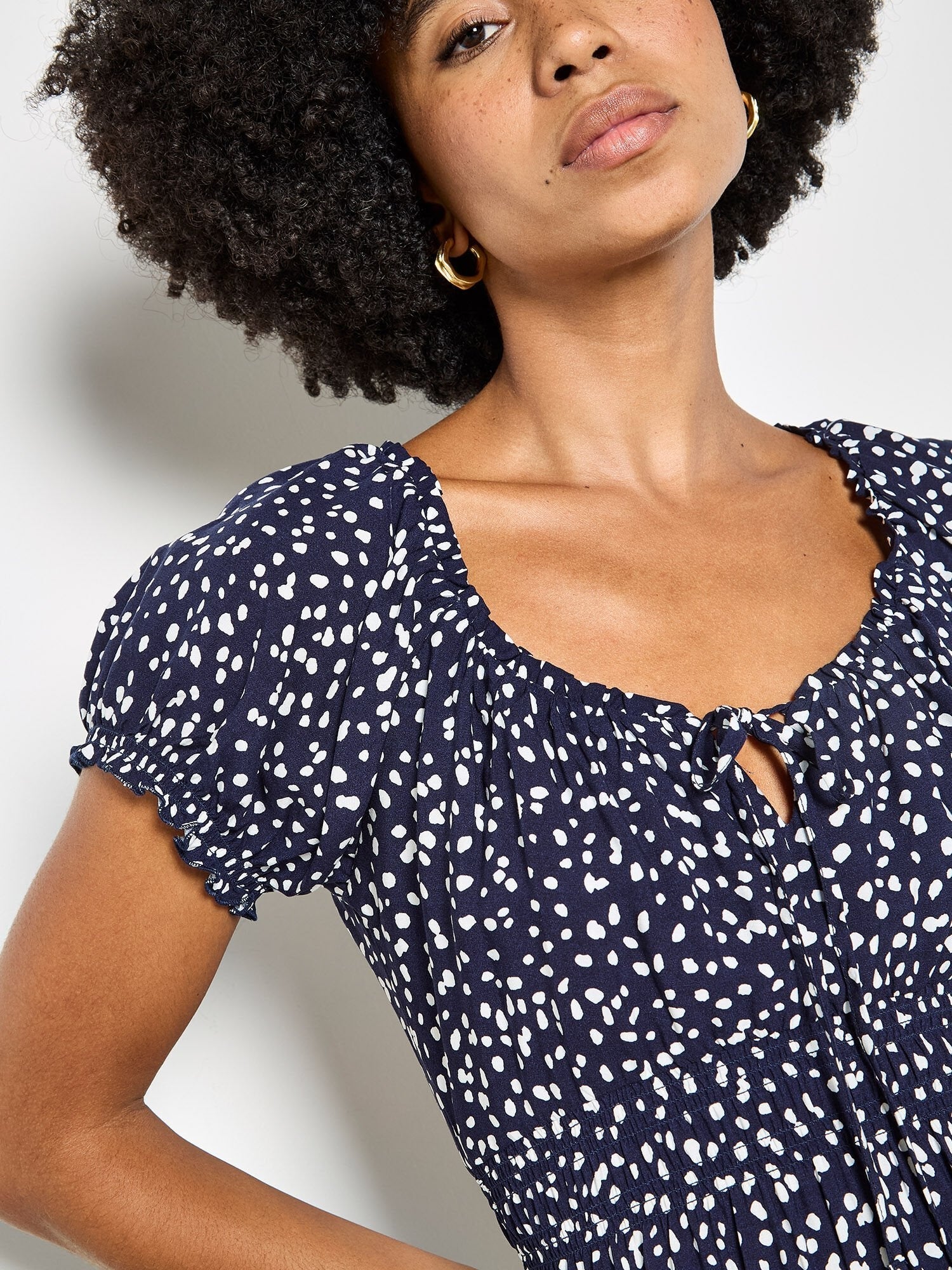 APRICOT - Spot Print Milkmaid Midi Dress - X172528 - Boutique Bubbles