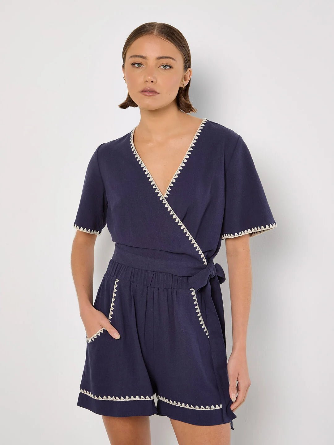 APRICOT - Stitch Detail Linen Blend Wrap Top - 956520 - Boutique Bubbles