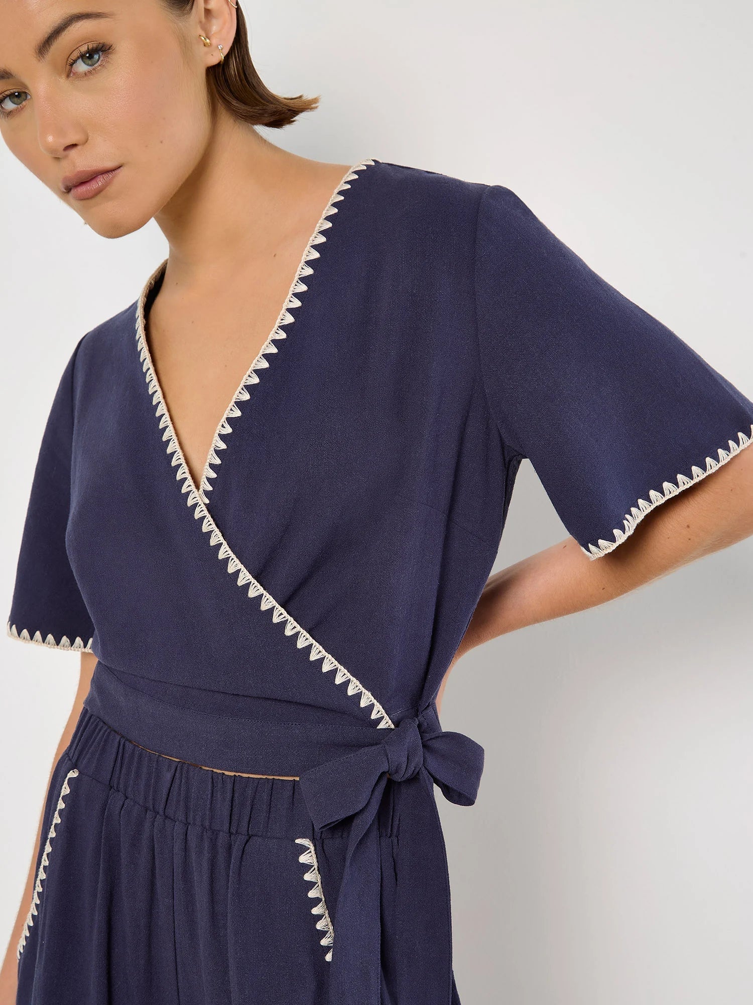 APRICOT - Stitch Detail Linen Blend Wrap Top - 956520 - Boutique Bubbles