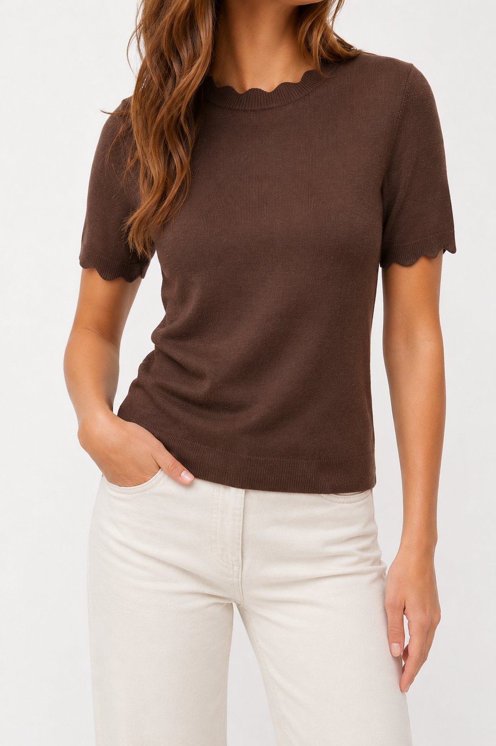 APRICOT - Scallop Neck & Sleeve Knit Tee - X246458