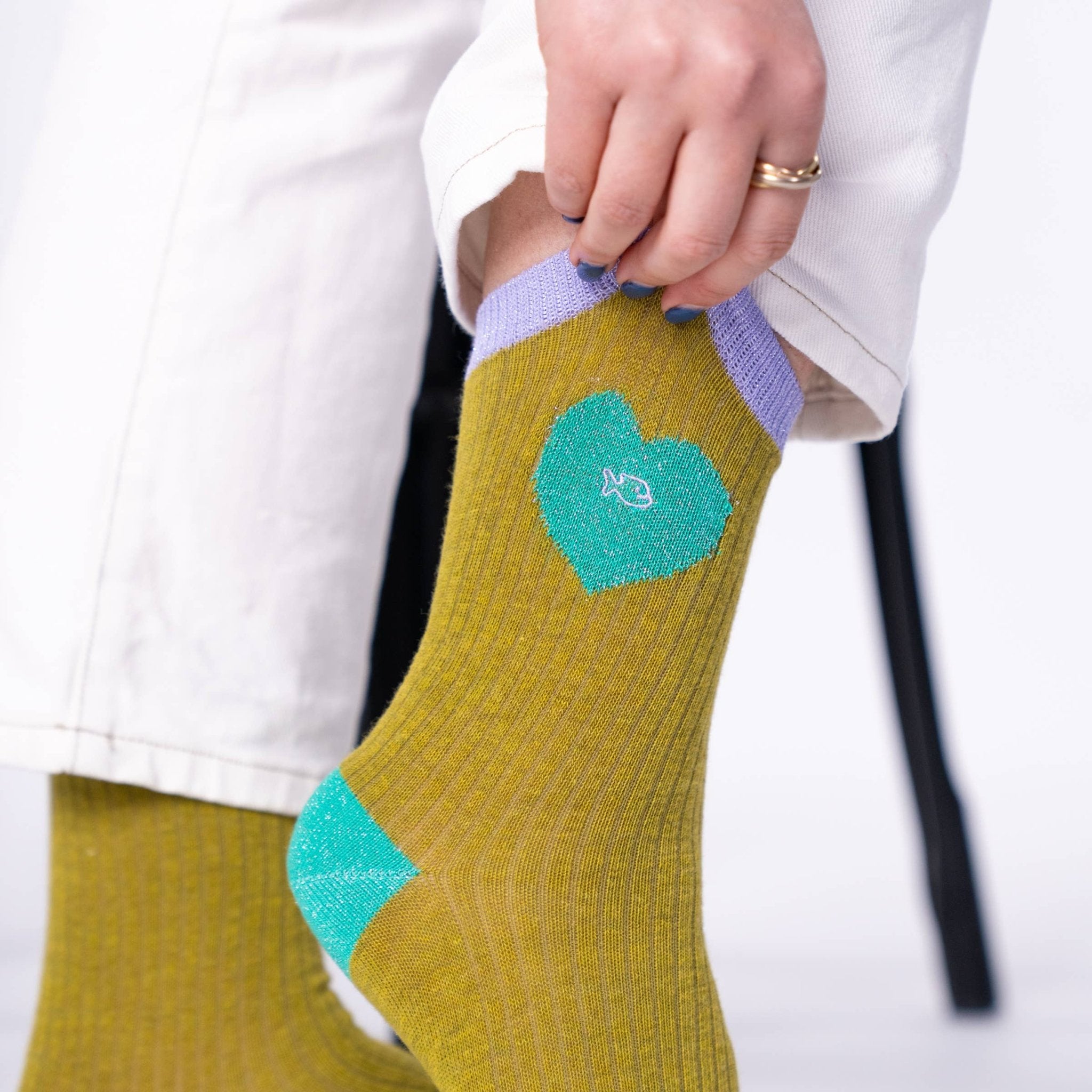 Combed Cotton Socks Heart Olive And Turquoise - Boutique Bubbles
