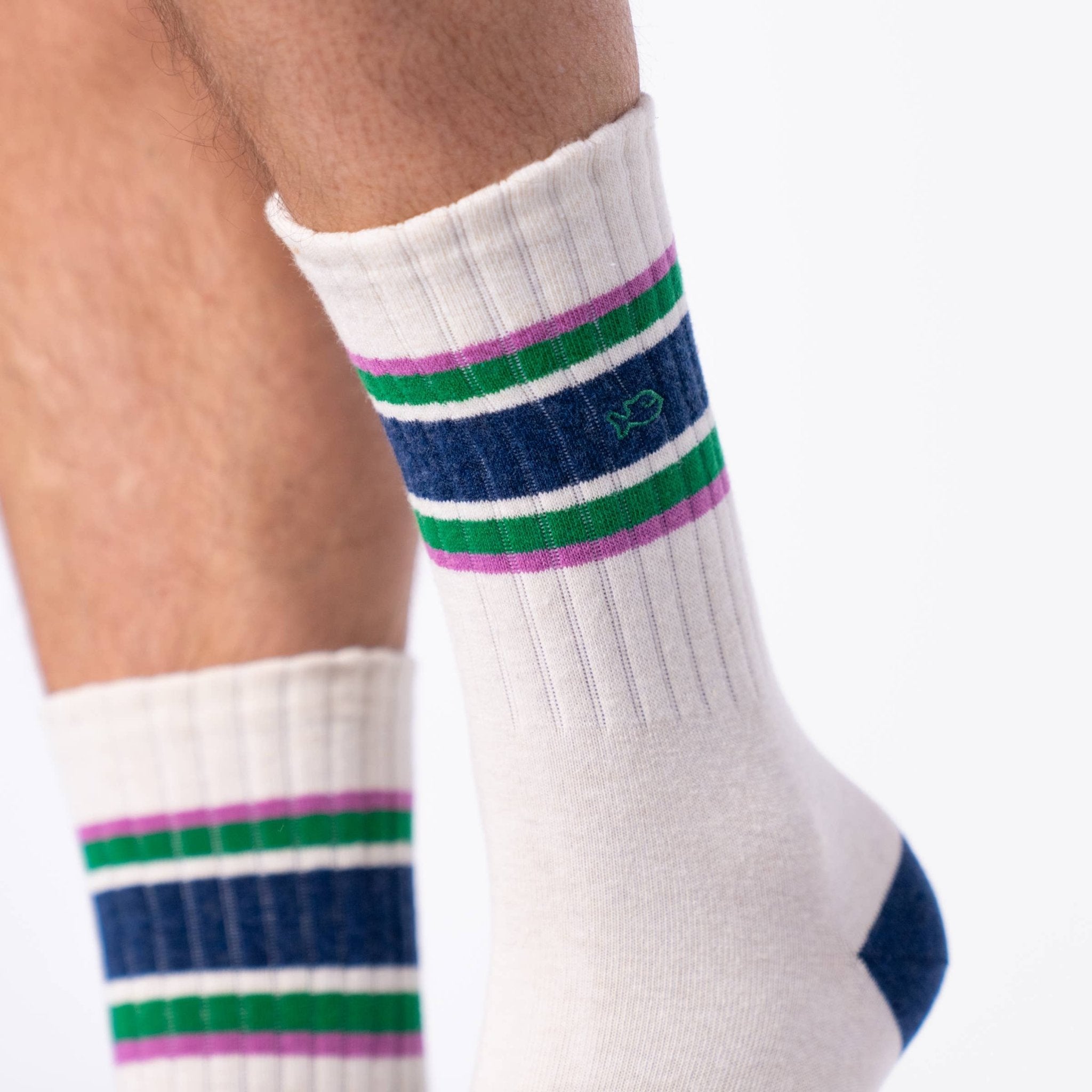 Retro combed cotton socks - Beige, navy and green - Boutique Bubbles