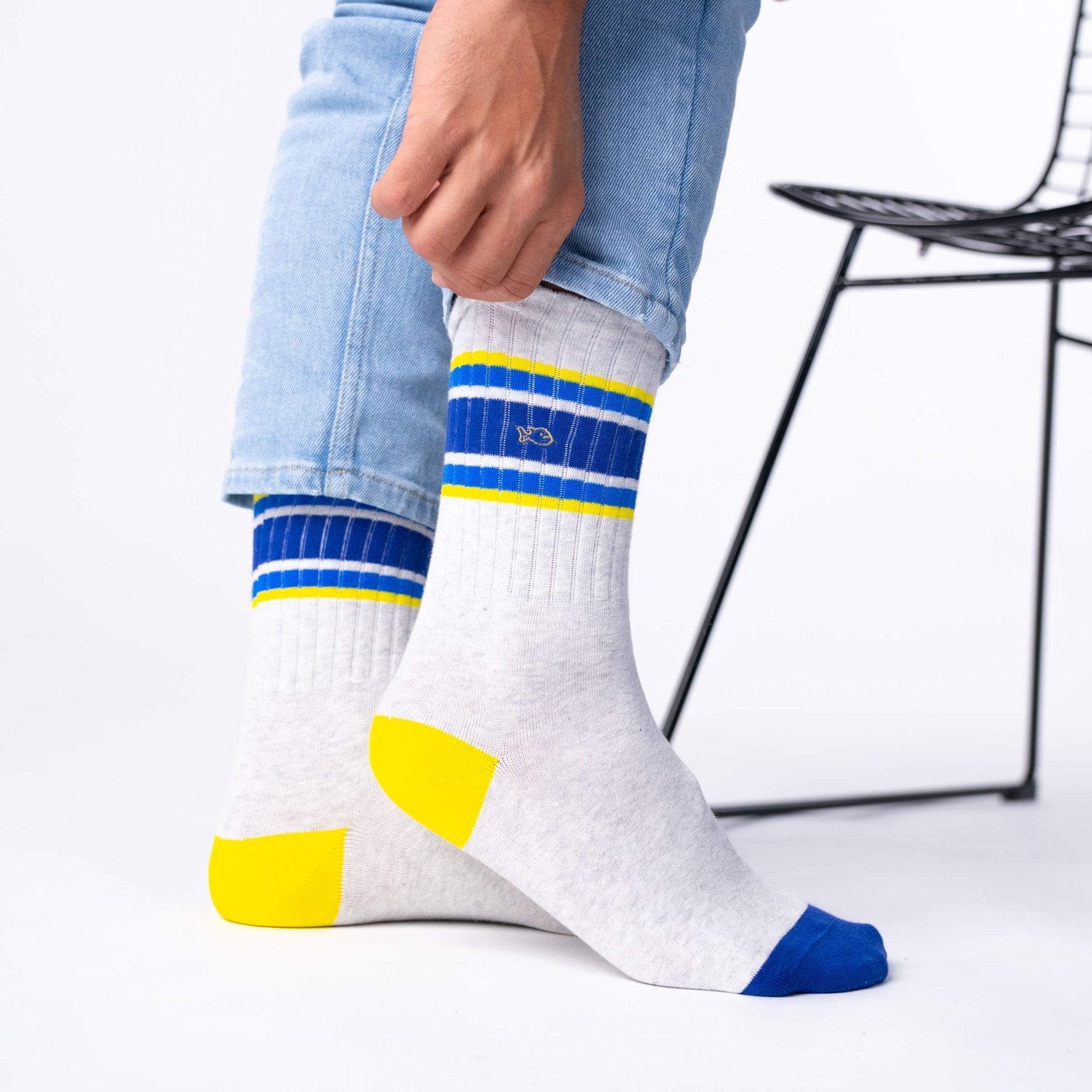 Retro combed cotton socks - Grey, blue and yellow - Boutique Bubbles