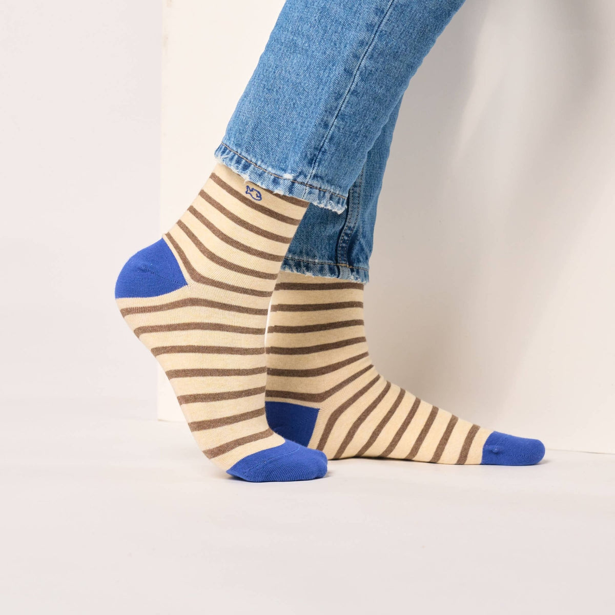 Wide striped combed cotton socks - Striped beige - Boutique Bubbles