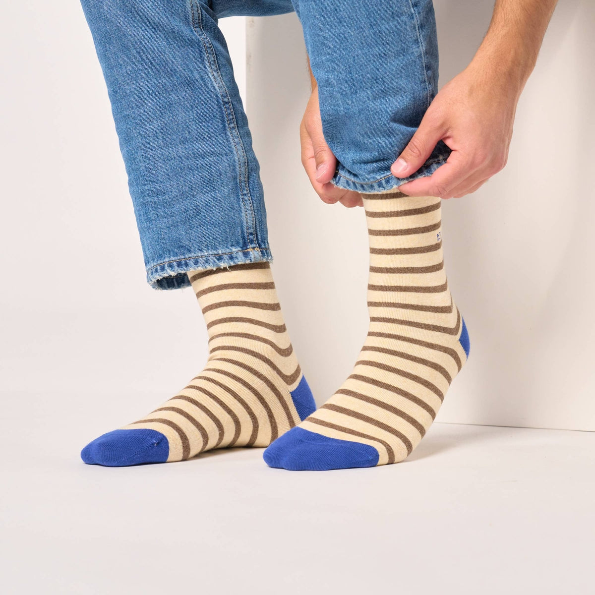 Wide striped combed cotton socks - Striped beige - Boutique Bubbles