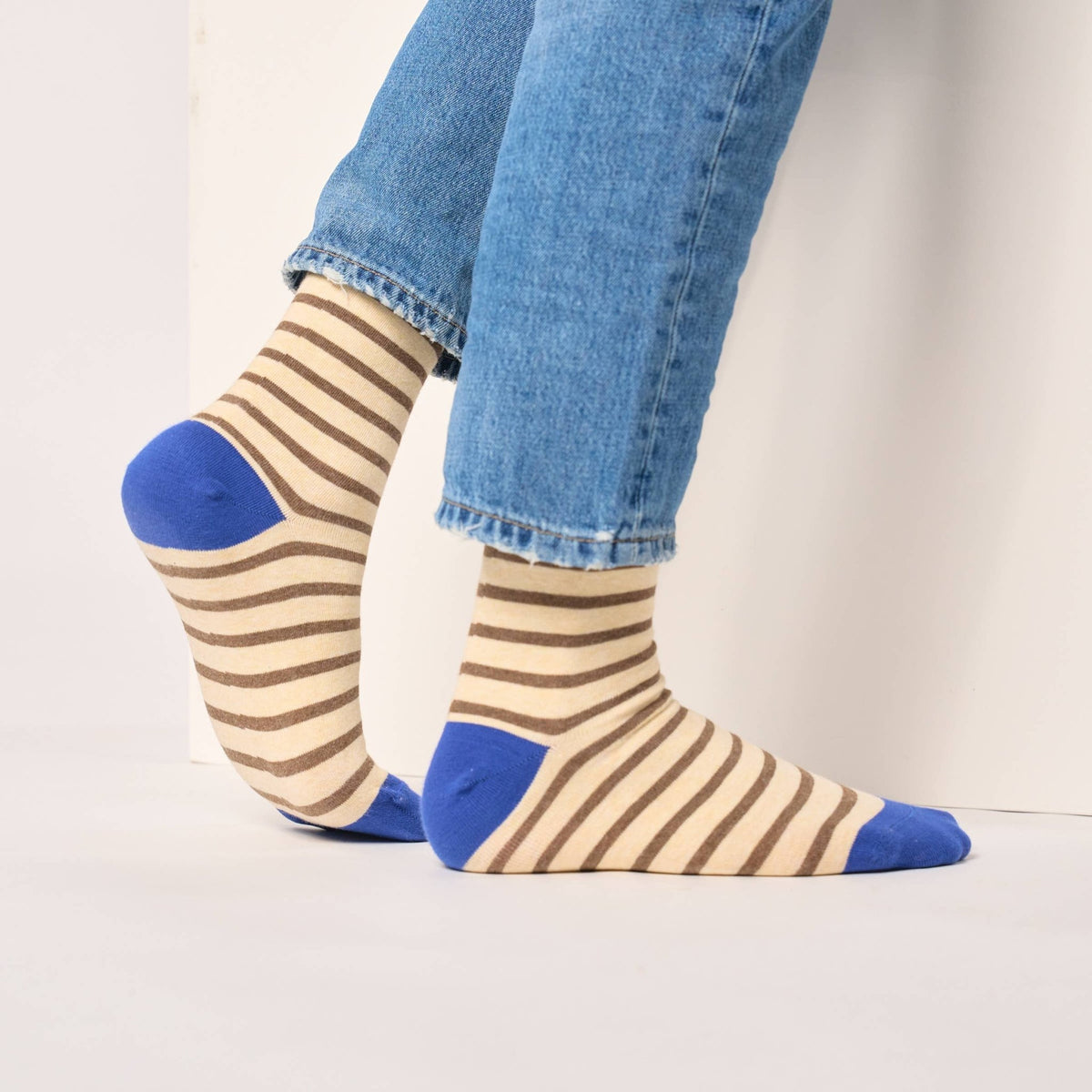 Wide striped combed cotton socks - Striped beige - Boutique Bubbles