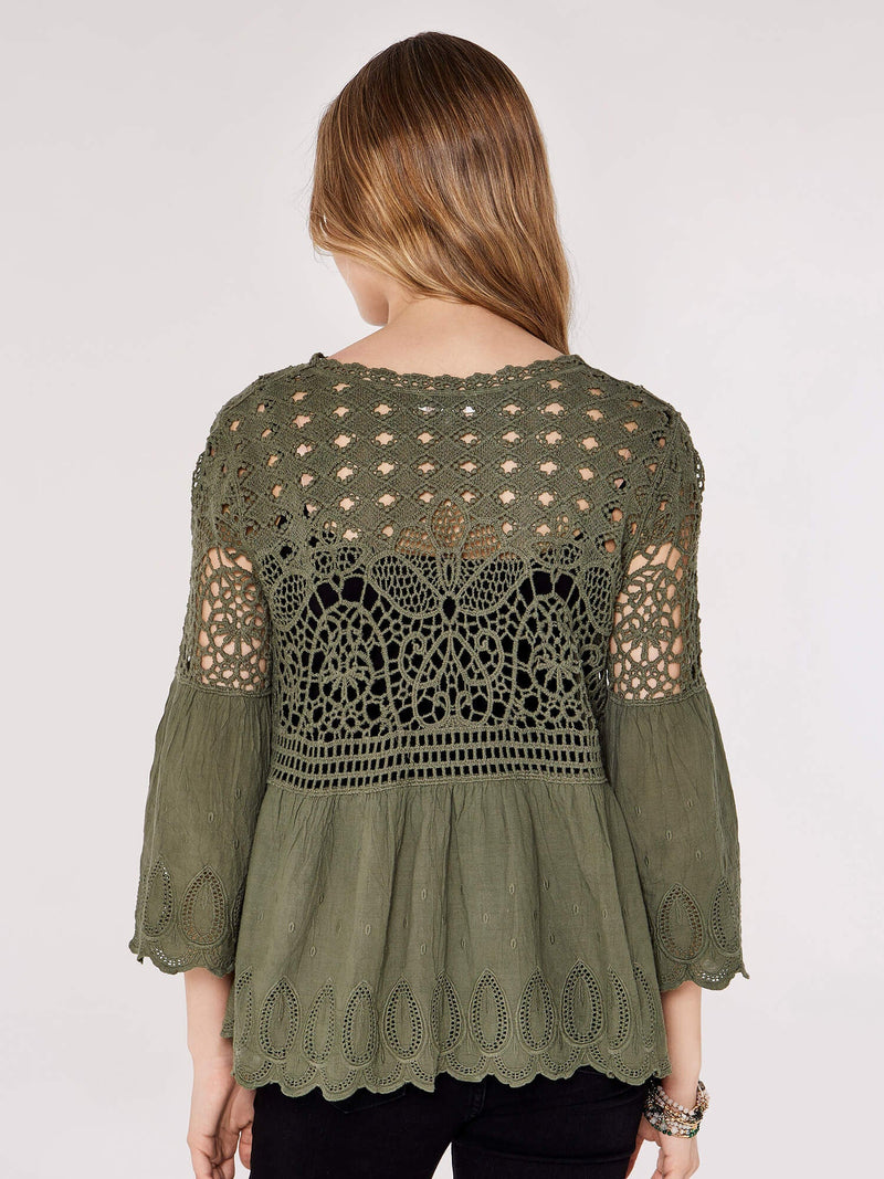 APRICOT - Crochet Lace Folk Border Bell Sleeve Top - 722996 - Boutique Bubbles