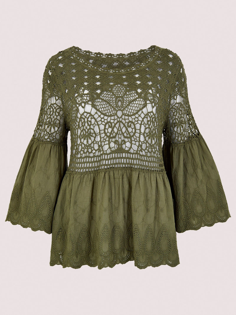 APRICOT - Crochet Lace Folk Border Bell Sleeve Top - 722996 - Boutique Bubbles