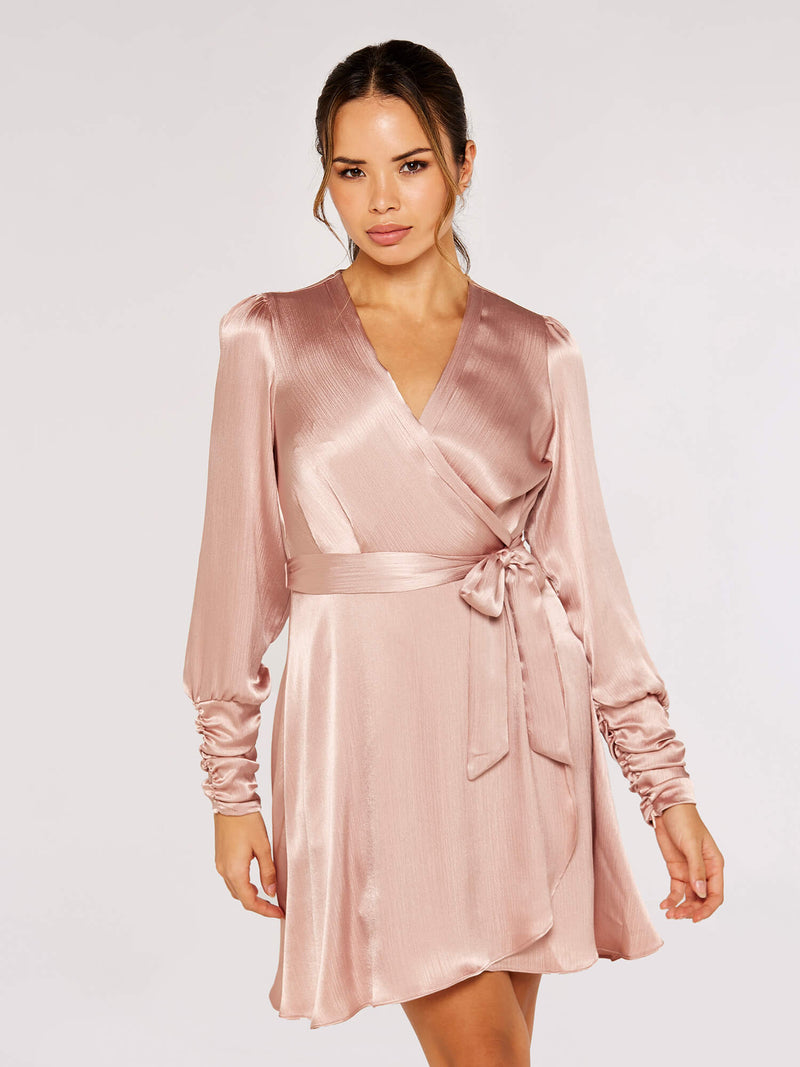 APRICOT - Satin Cuff Sleeve Wrap Dress - 695672 - Boutique Bubbles
