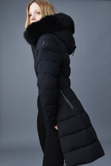 MACKAGE CALLA-BX stretch light down coat with blue fox fur trim - Boutique Bubbles