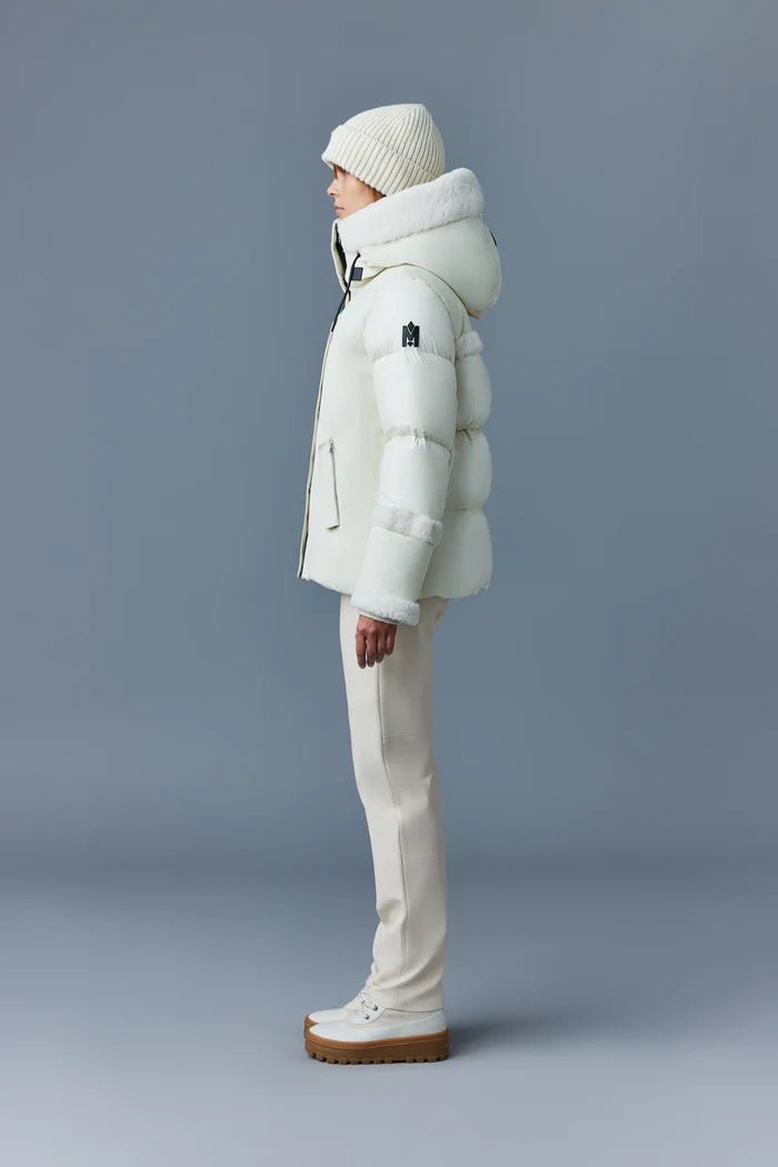MACKAGE CYRAH - Arctic Twill down jacket with shearling trim - Boutique Bubbles
