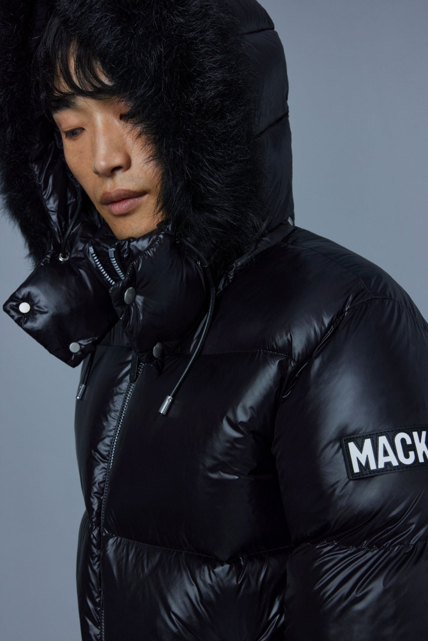 MACKAGE KENT-SH lustrous light down jacket with shearling - Boutique Bubbles