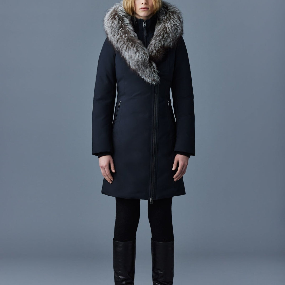 MACKAGE TRISH-X Powder Touch Down Coat With Silver Fox Fur Signature