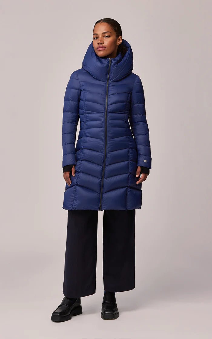 Fit and flare down coat sales